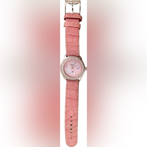Michael Kors Pink Leather & Stainless Steel Silver Wrist Watch w/ Bling & Date - Picture 2 of 15